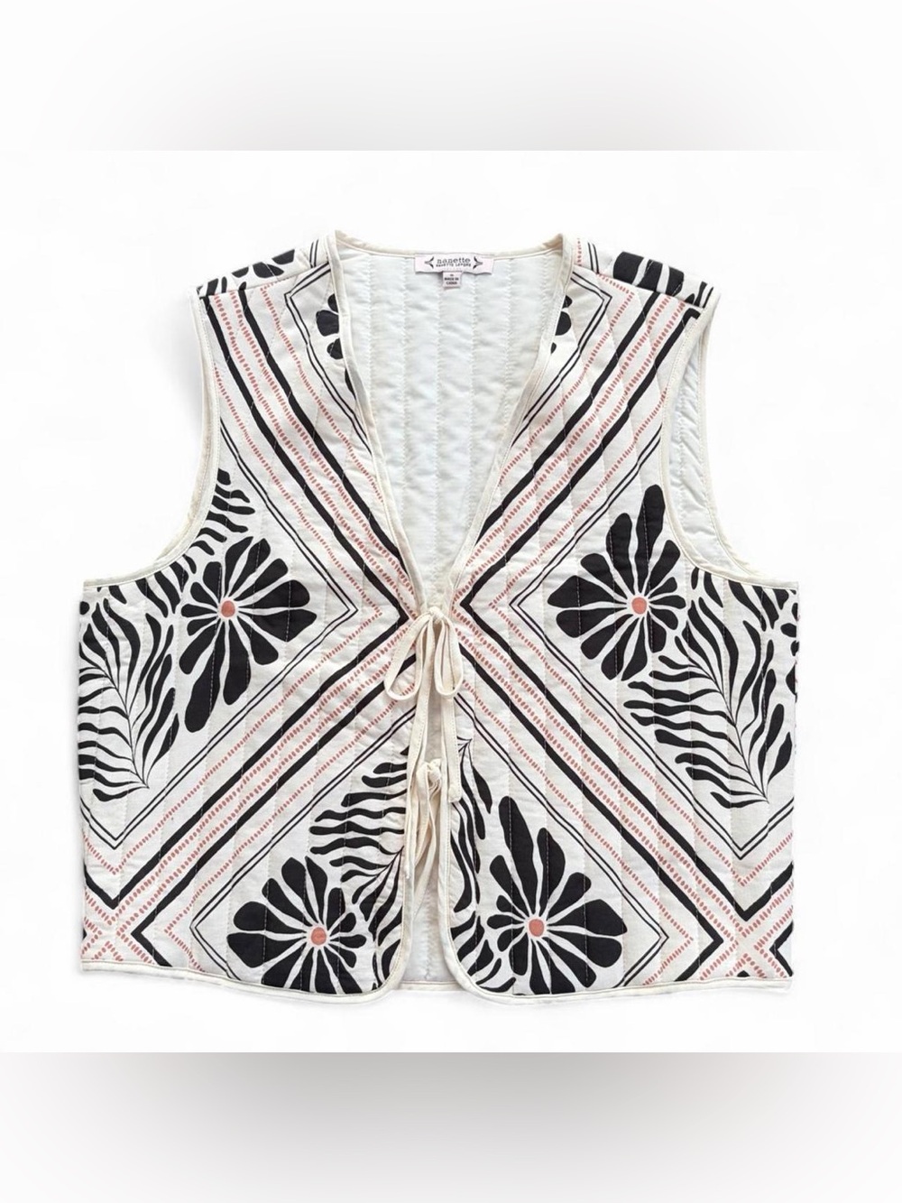 Nanette Lepore Black and White Floral Tie-Front Quilted Vest